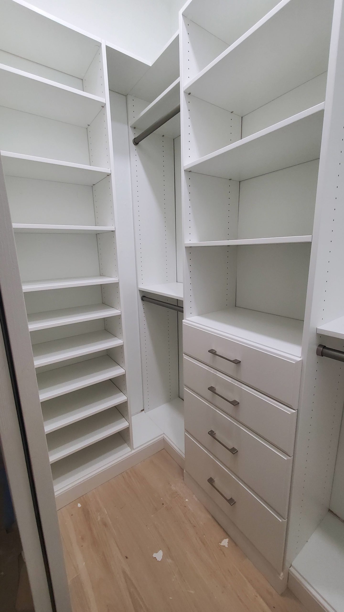 Custom closet shelving, drawers, and shoe storage